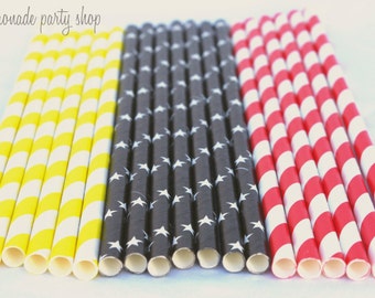 MoVIE Night -red stripe,yellow stripe and black star---Paper Straws---25ct with Free Printable diy Flags