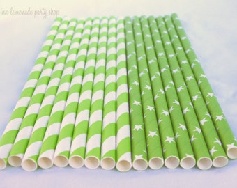 LiMe Green STARs and STRiPeS MiX ---Paper Straws---25ct with Free Printable diy Flags