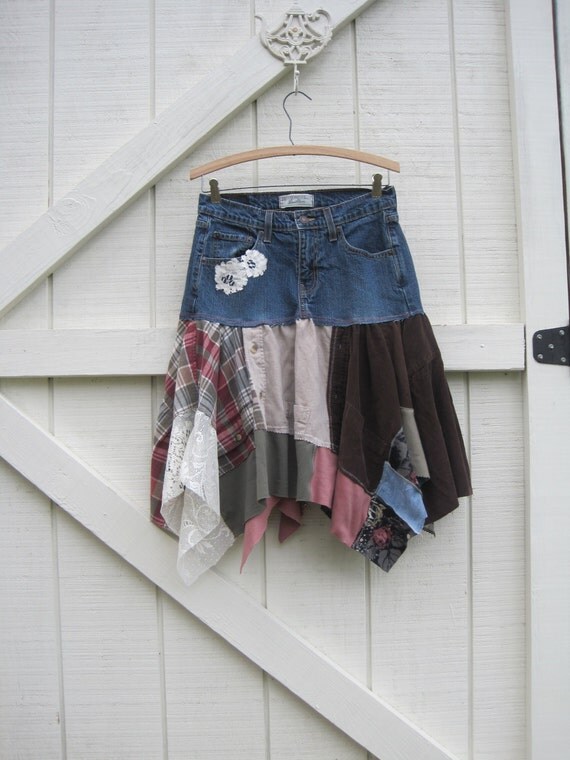 Boho skirt XS-S Rustic skirt tattered denim skirt by ShabyVintage