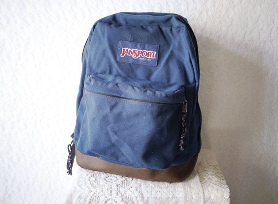 CLASSIC OLD SCHOOL Jansport Navy Blue Canvas Brown Leather