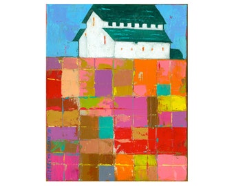PRINT 8x10 Barn Farm Landscape Impasto patchwork field by Elizabeth Rosen