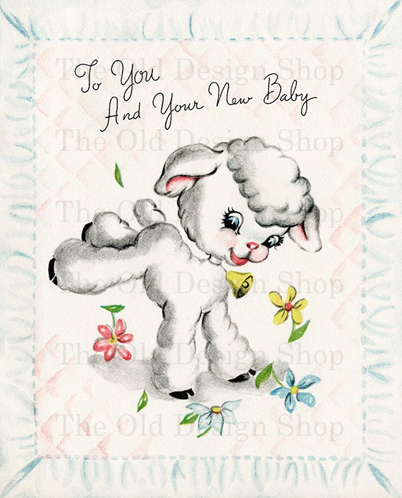 Vintage Baby Printable Lamb Clip Art Greeting Card JPG Image