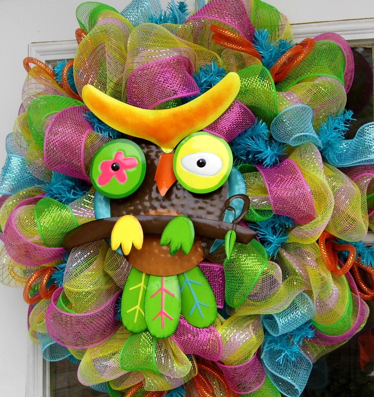 Spring Owl Deco Mesh Wreath