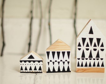 SET of 3 - Hand painted wooden village, miniature village, hand painted house, wood block toy house, little wooden house, decorative house
