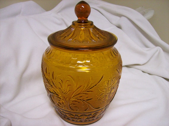 Amber Sandwich Glasstiara Biscuitcookie Jar By Buckeyeantiques 7394