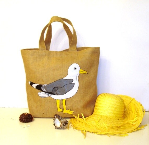 Handmade Jute Tote bag seagull, with a seagul, summer bag,Milos island ...