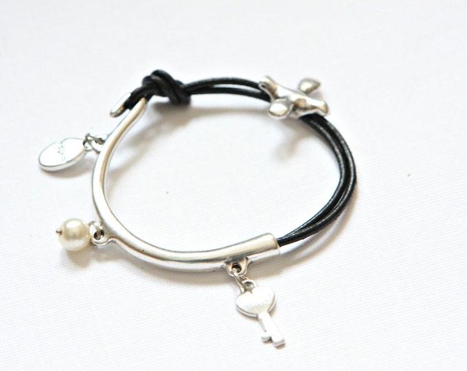 Metal Leather Bracelet - Charm Bracelet - Half Metal Bracelet