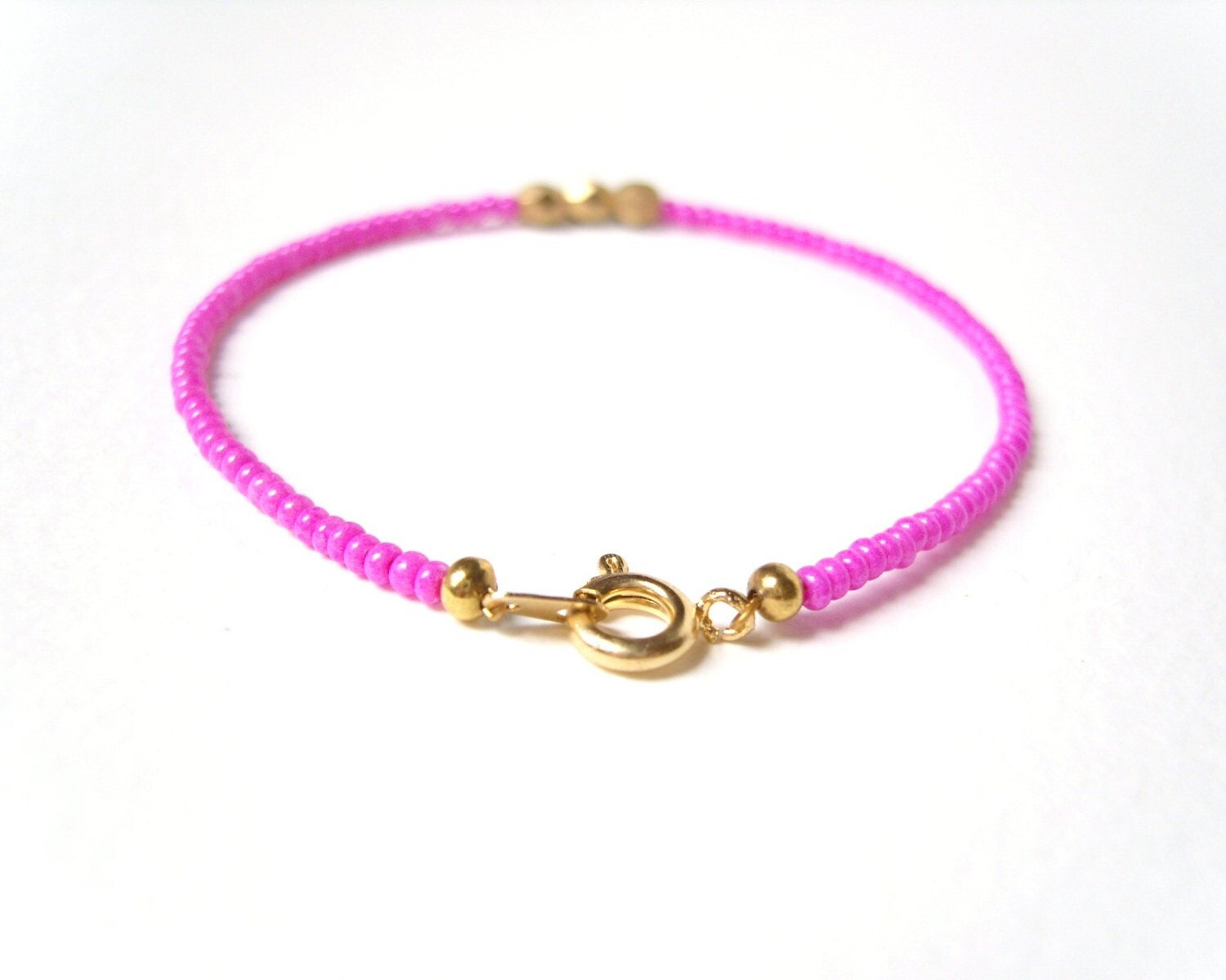 Hot Pink Bracelet Beaded Friendship Bracelet Gold Nugget