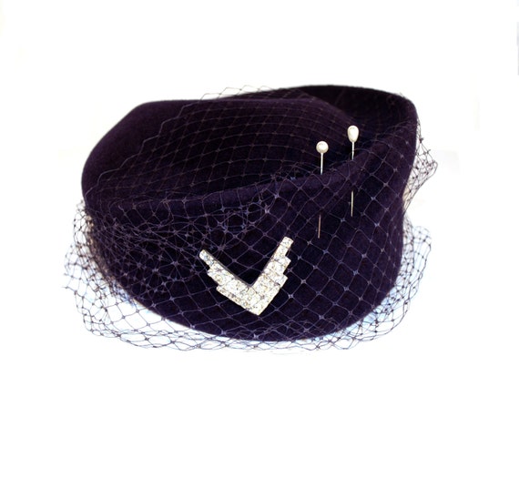 Navy Blue Pillbox Hat Military Style Rhinestone by MadgesHatBox