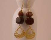 Brown Wood Beads and Gold Metal Focal Dangle Earrings