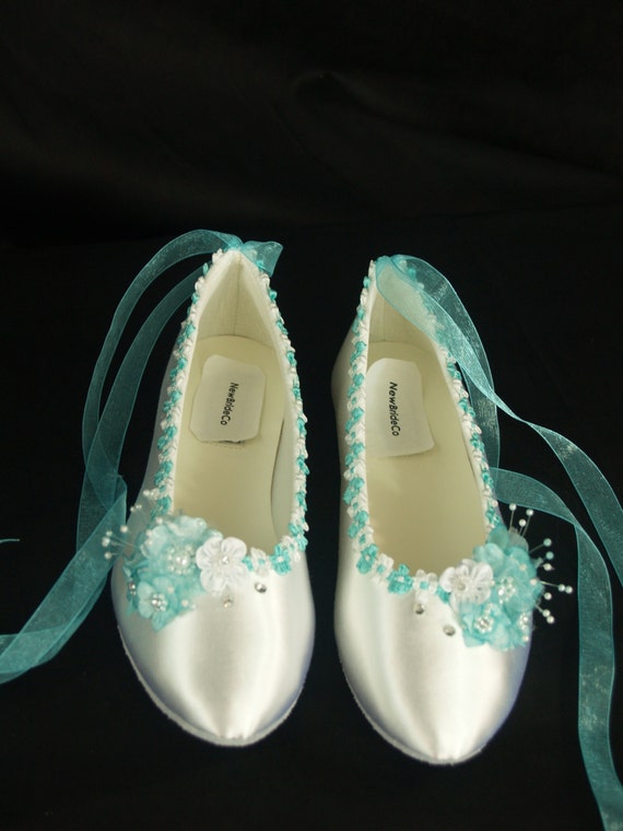 Wedding Flat shoes Aqua blue trims on Ballet Style slipper