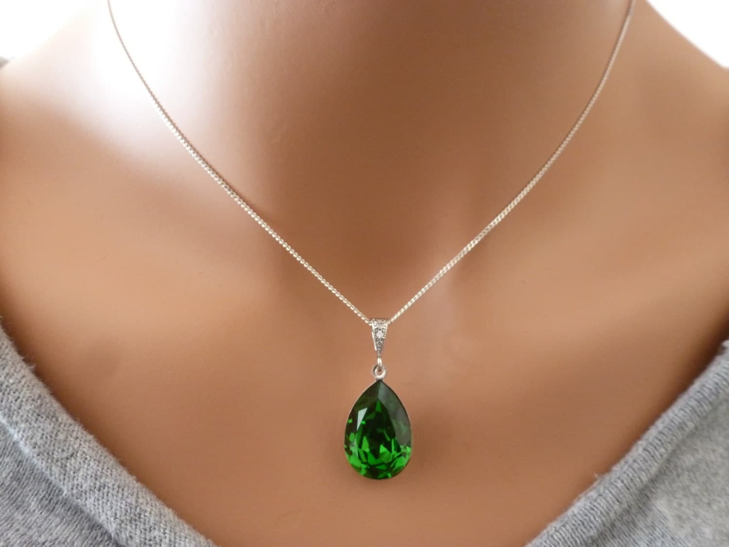 Green Necklace Swarovski Crystal Necklace Teardrop Pendant