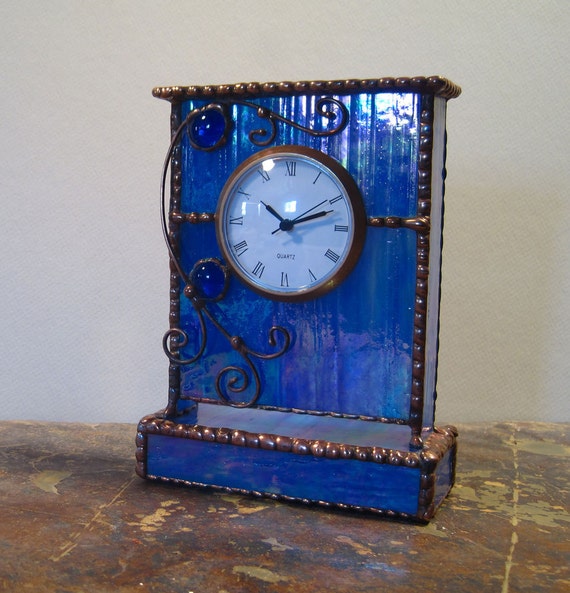 Unique Stained Glass Mantle / Shelf Clock Cobalt Blue by Eclectium