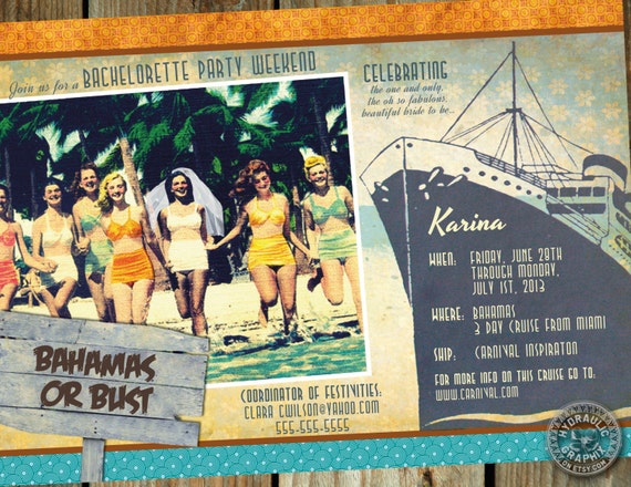 Retro Bachelorette Party on the beach or cruise Invitation with a lighthouse, martini glass, palm tree, cruise ship Il_570xn