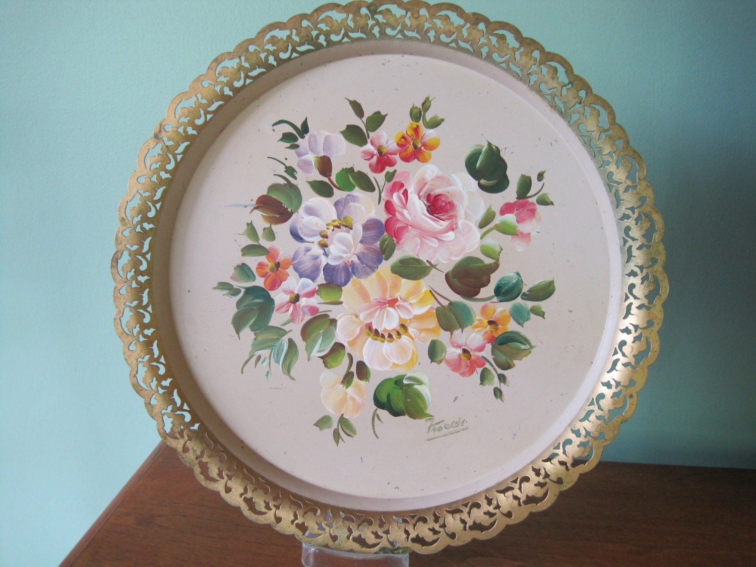 Vintage Round Metal Tray, Nash, Hand Painted Flowers, Tole Painted Tray