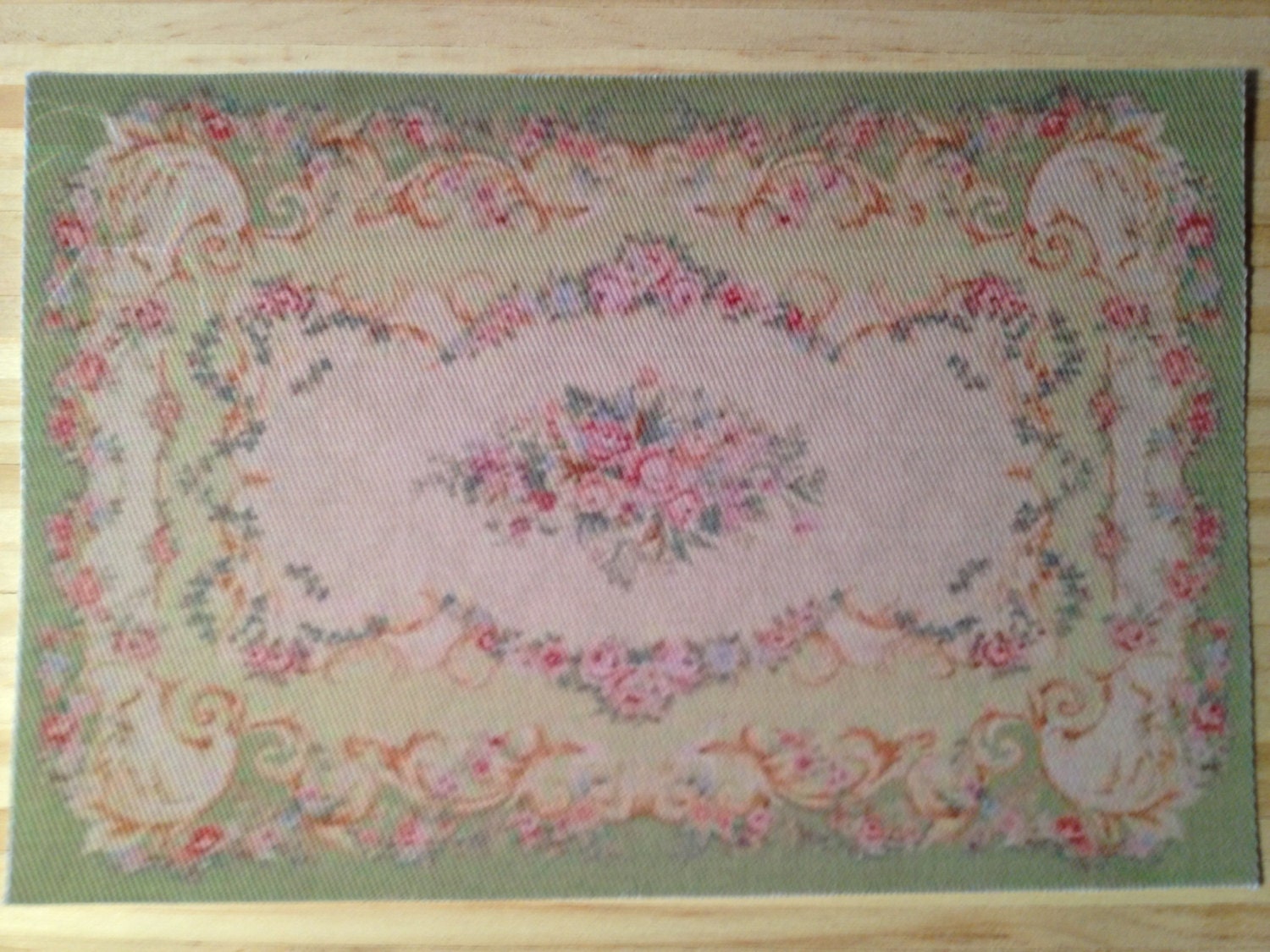 Dollhouse Miniature Green Aubusson Rug with Pink Roses Scale