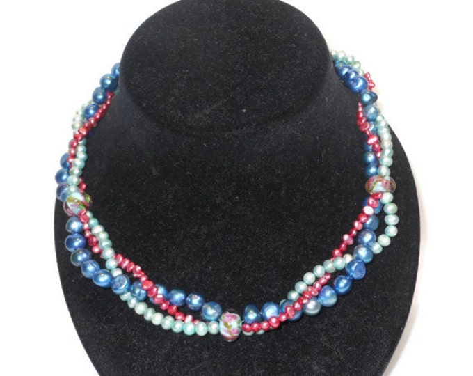 Freshwater Cultured Pearl necklace, Colorful 3 strand twisted necklace with extender, handmade