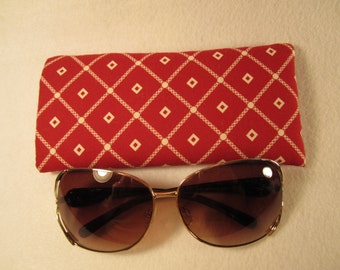 Sunglass / eyeglass case in bright red and white diamond pattern 100% cotton padded and lined
