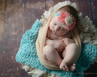 Vintage Coral and Turquoise Chiffon Flower headbands, baby flower headbands, chiffon headbands, newborn headbands, photography prop
