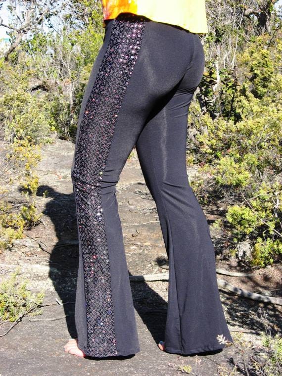 Ultra Low Rise Black Bell Bottom Yoga Pants with Sparkly