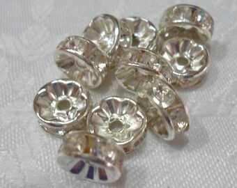240 Perles strass en laiton, clair, couleur métal argenté, 8mm de diamètre, 10 pièces