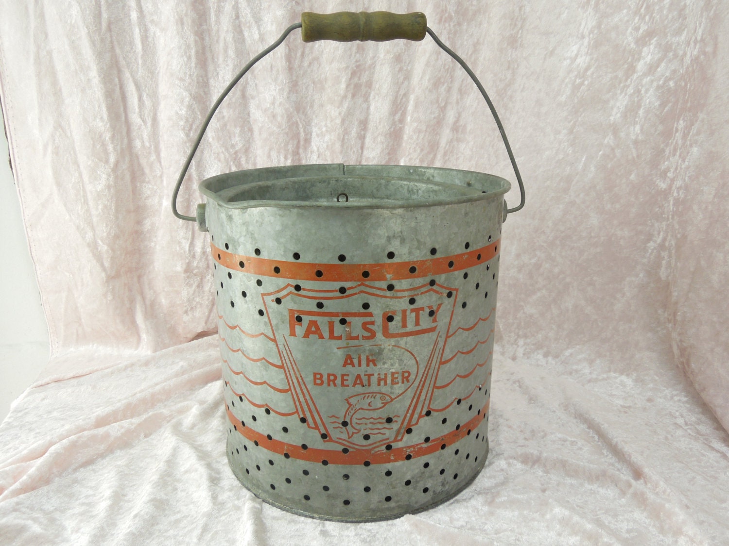 Vintage Galvanized Minnow Bucket for Fishing Falls City Air