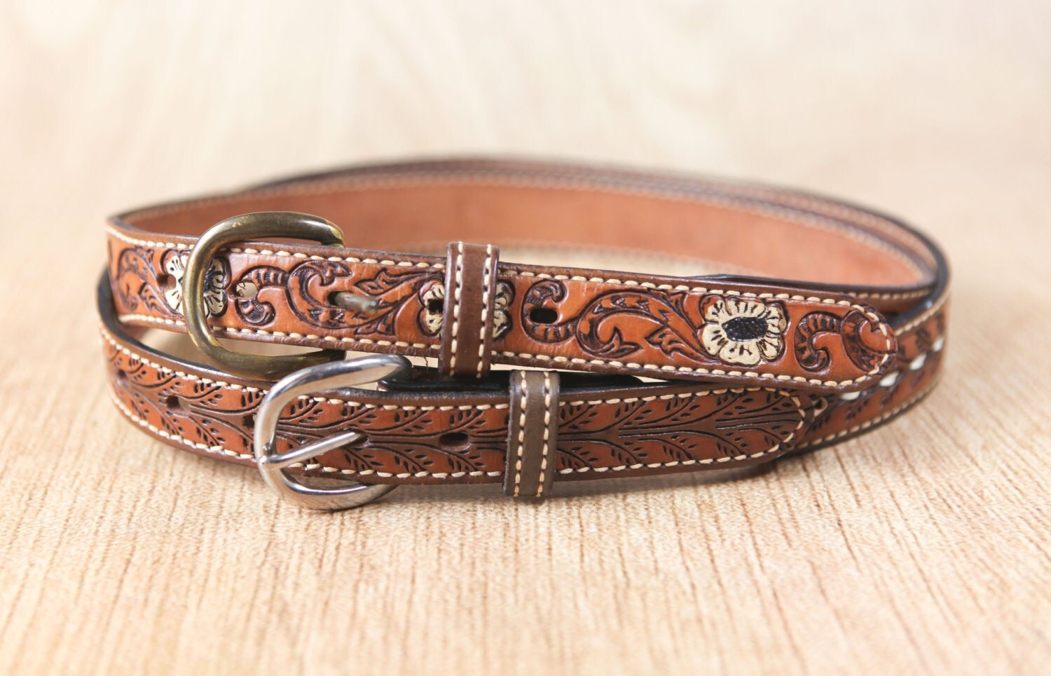 Vintage tooled western belts w/ floral stamped by lazydaysrelics