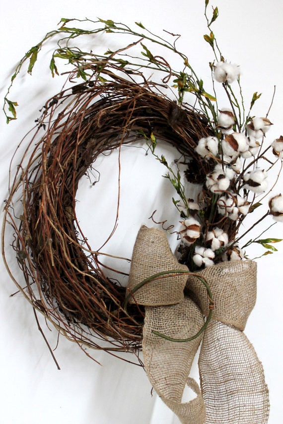 Primitive Front Door Wreath, Primitive Cotton on Twigs, Primitive Vine, Natural Burlap, Great for Country Decor -- FREE SHIPPING