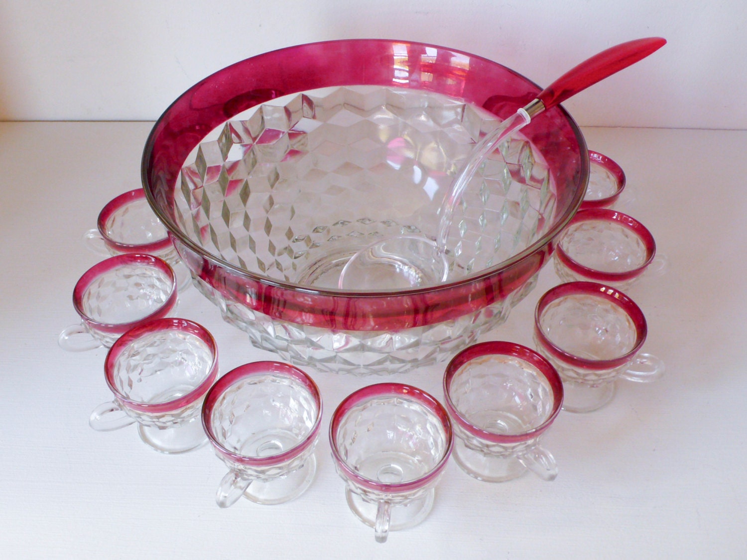 Indiana Glass Ruby Red Trim Whitehall Punch Bowl Ladle & Cup