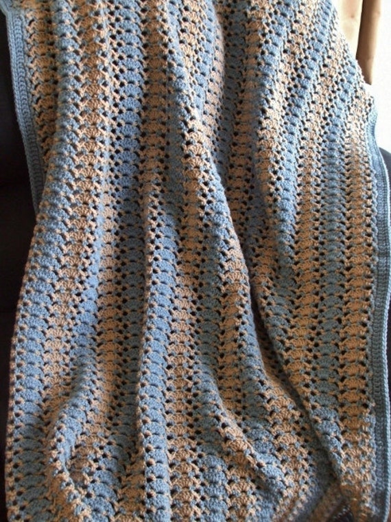 Striped Afghan in Blue & Tan Crocheted Throw by jenrothcrochet