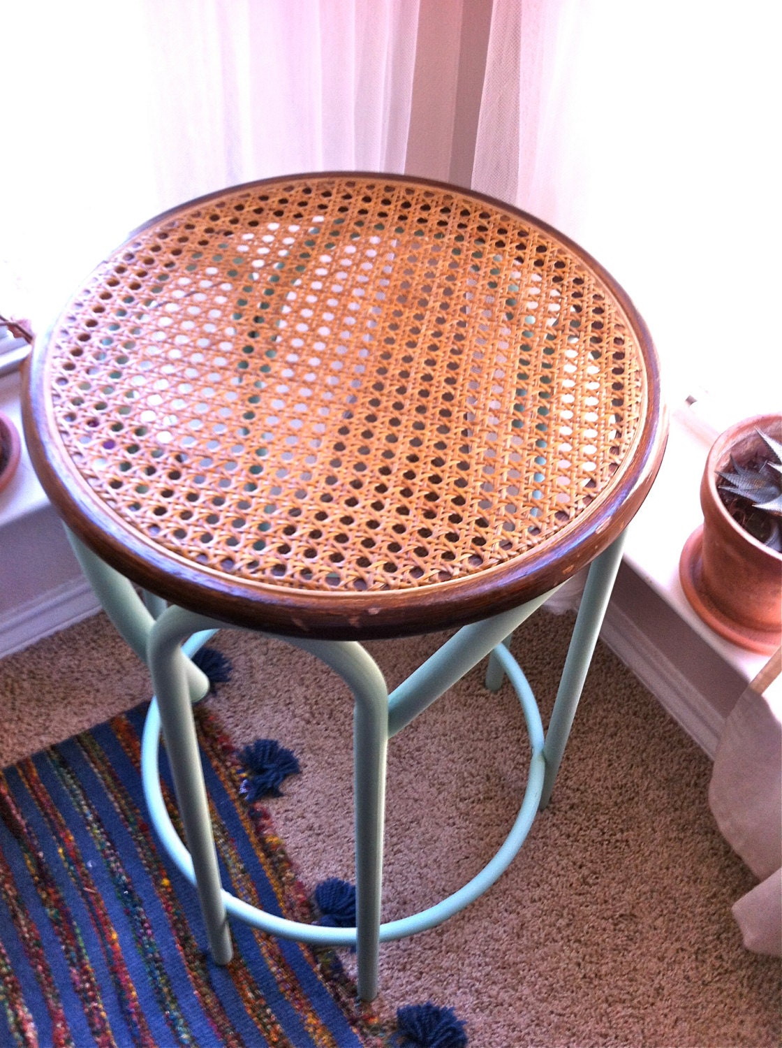 Round Woven Cane Accent Table in Mint