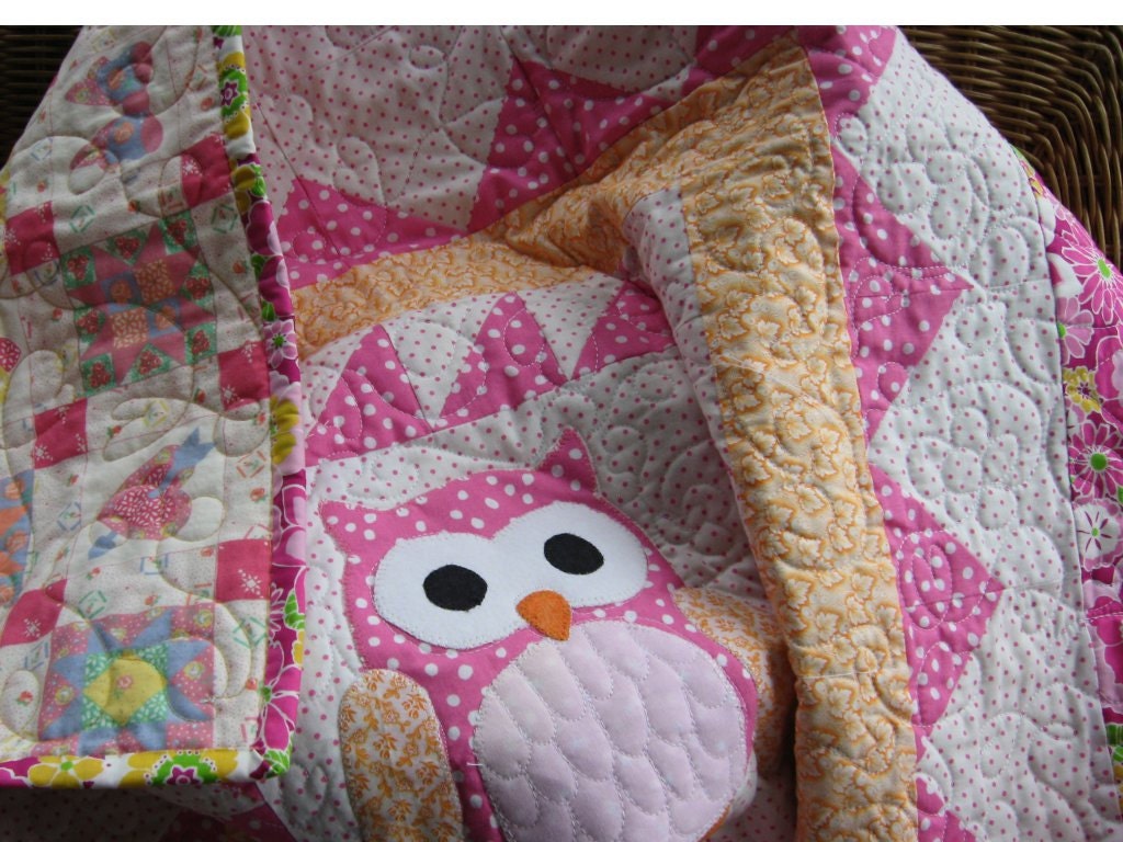 Handmade baby quilt pink and white girls quilt owl nursery