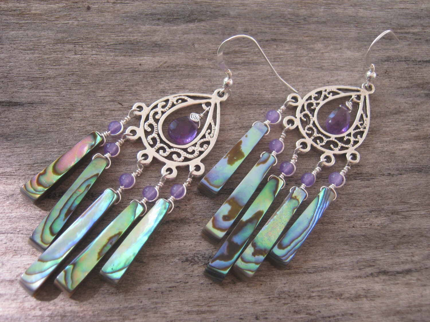 Abalone and Amethyst Chandelier Earrings Cascade Sterling