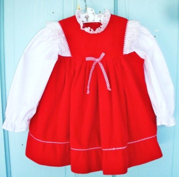 Vintage Little Girls Red Velvet Dress With White Sleeves