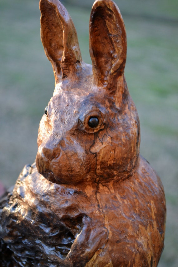 Beautiful Hand Carved Wood Rabbit Sculpture by Wildlife Artist