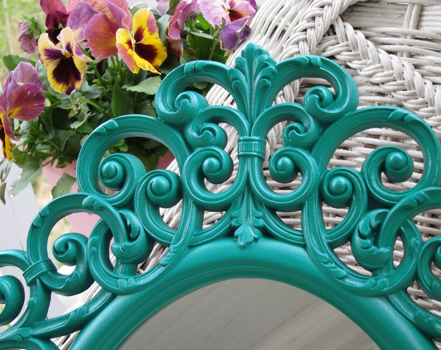 Vintage Teal Wall Mirror Ornate Oval Upcycled Cottage French