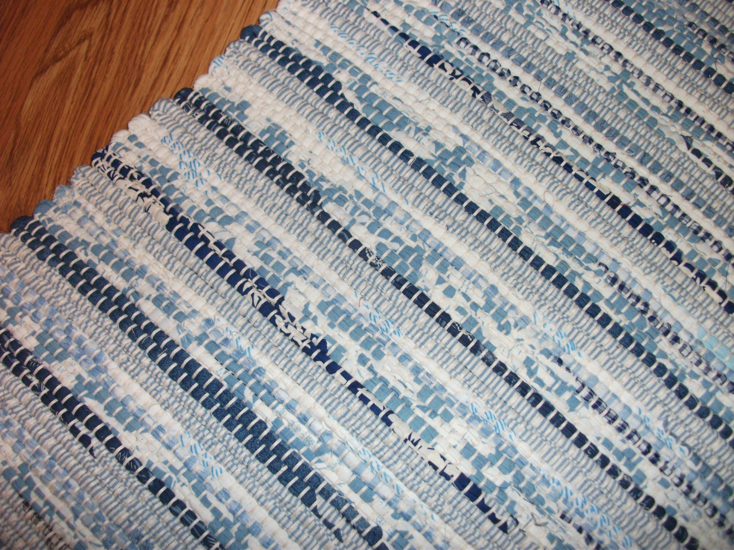 Classic blue and White Handwoven Rag Rug made of Recycled