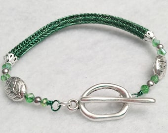 Ladies Viking knit chain bracelet: emerald green and silver