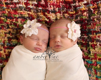Rose and Lilac Ivory Silk Twin Set Baby Flower Headband, Newborn Headband, Baby Girl Flower Headband, Photography Prop