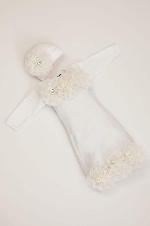 Infant Layette White Baby Gown with Off White Chiffon Flowers