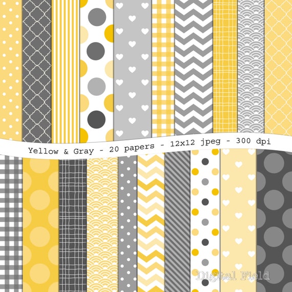 Yellow&Gray digital scrapbooking paper pack 20 printable jpeg
