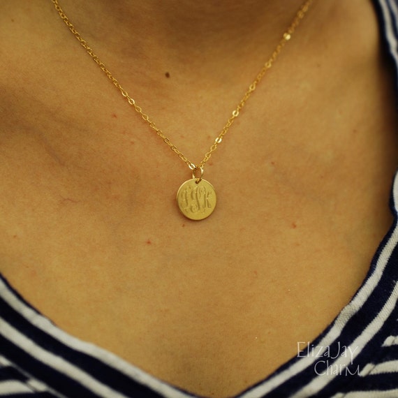 very small 1/2 engraved monogram necklace 14 kt gold