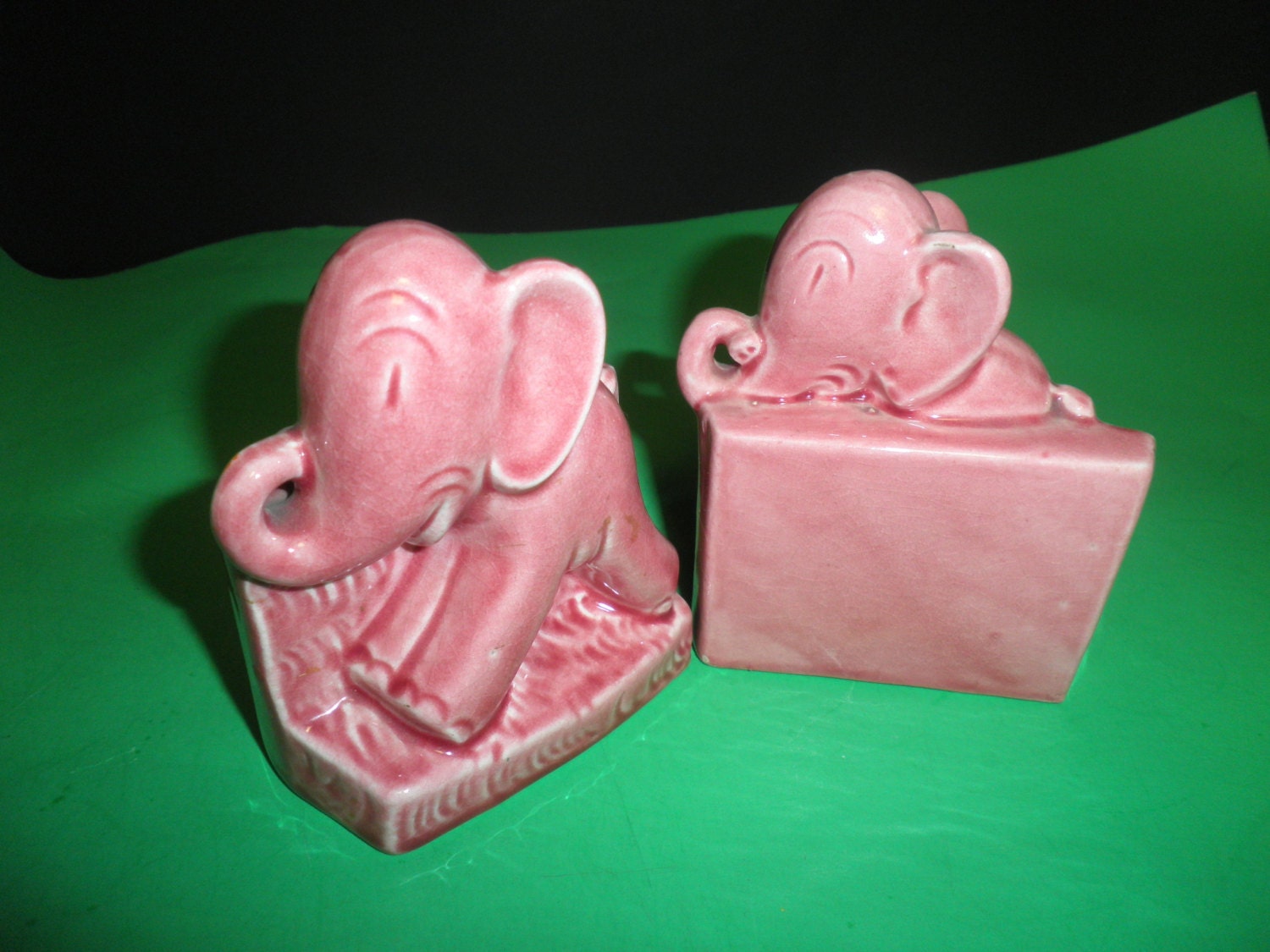 Pink Elephant Bookends German / Germany Pottery Trunks Up