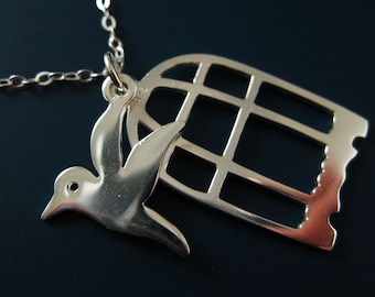 Bird Necklace-925 Sterling Silver Necklace , Bird In Cage A Necklace - Everyday Necklace