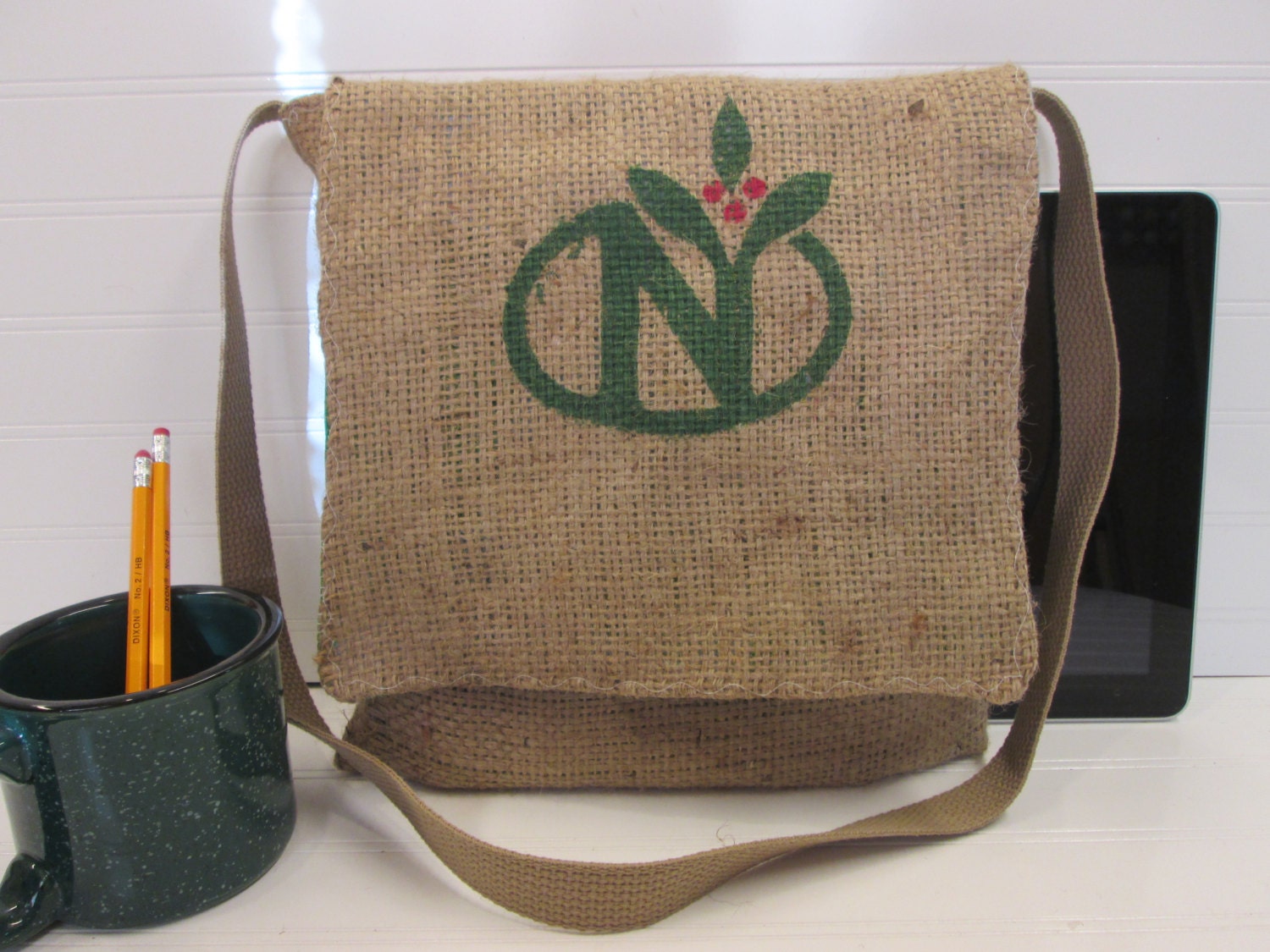 Small Coffee Burlap Messenger Bag Tablet Messenger Bag iPad