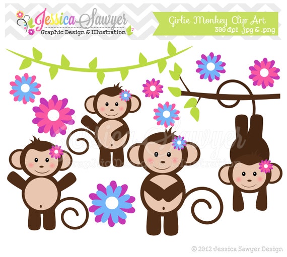 INSTANT DOWNLOAD, girl monkey clip art - jungle clipart - girls birthday graphic - branches image - commercial use - party supply Il_570xn