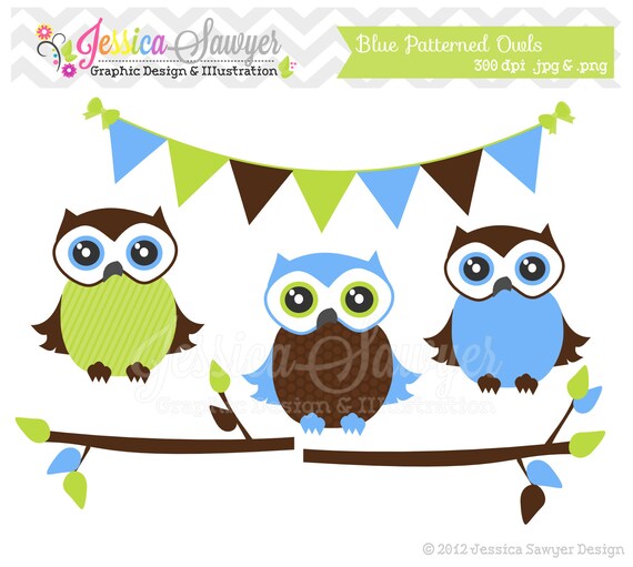 CLEARANCE - owl clip art, blue patterned owl clipart, bunting banner, branches for bottle caps, invitations, announcements INSTANT DOWNLOAD Il_570xn