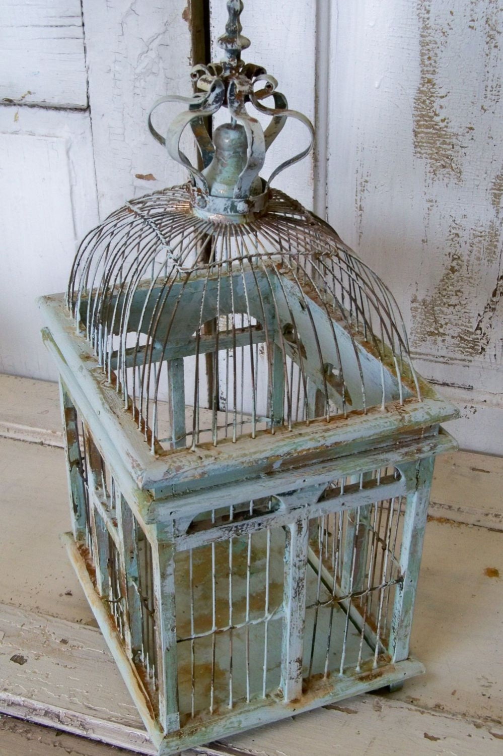 Blue sea foam bird cage distressed rusty rustic metal wood