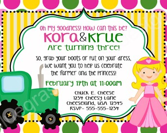 John Deer Tractor and Princess, brother and sister - Printable Birthday Invitation