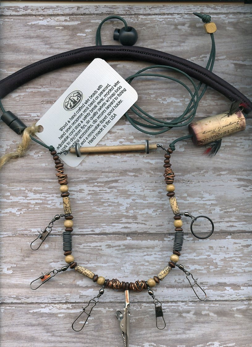 Fly Fishing Lanyard with Bone and Cooper beads on Dark Green